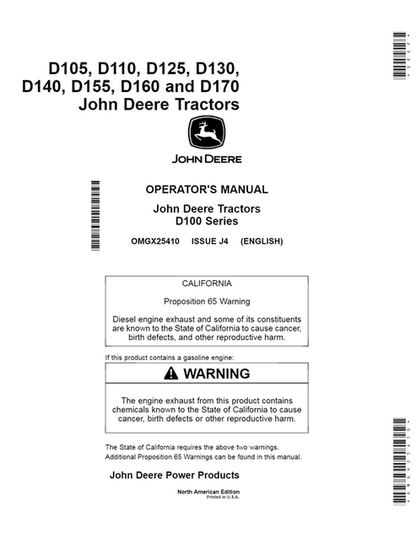 John Deere D105-D170 Tractor Operator Manual OMGX25410