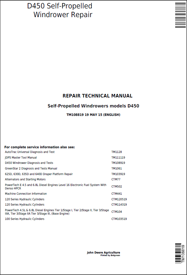 John Deere D450 Self-Propelled Windrower Repair Technical Manual TM108819 PDF