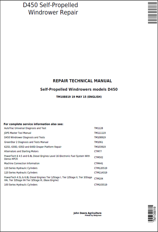 John Deere D450 Self-Propelled Windrower Repair Technical Manual TM108819 PDF