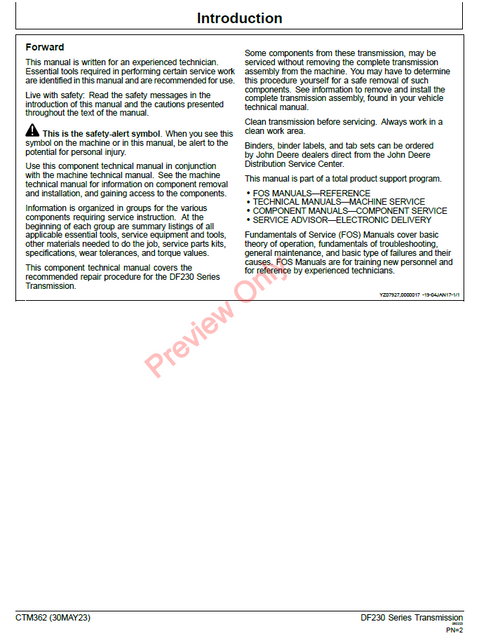John Deere DF230 Transmission Service & Repair Technical Manual