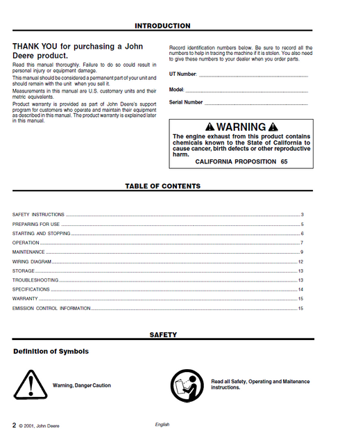 John Deere DP6000 Generator Operator Manual UT03849 PDF