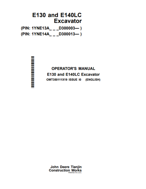 John Deere E130 & E140LC Excavator Operator Manual OMT350111X19