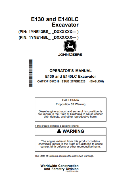 John Deere E130 E140LC Excavator Operator Manual OMT437138X019