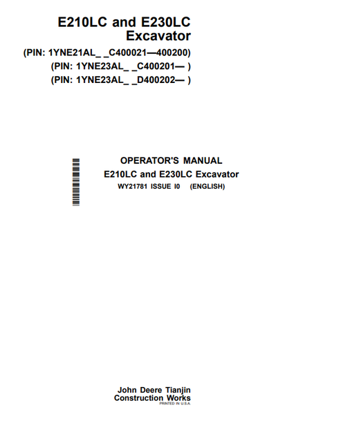 John Deere E210LC & E230LC Excavator Operator Manual WY21781