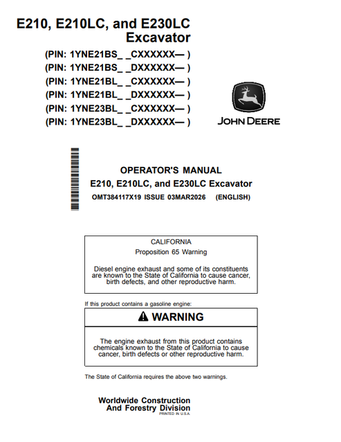 John Deere E210 E210LC E230LC Excavator Operator Manual PDF