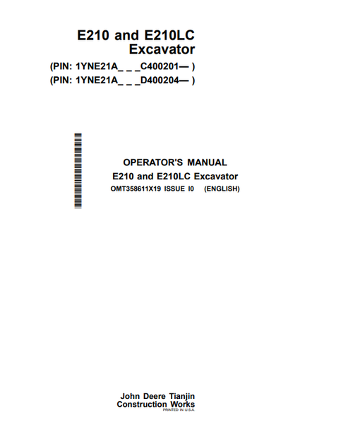 John Deere E210 & E210LC Excavator Operator Manual OMT358611X19