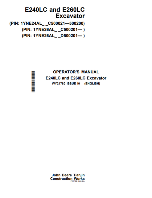 John Deere E240LC & E260LC Excavator Operator Manual WY21780
