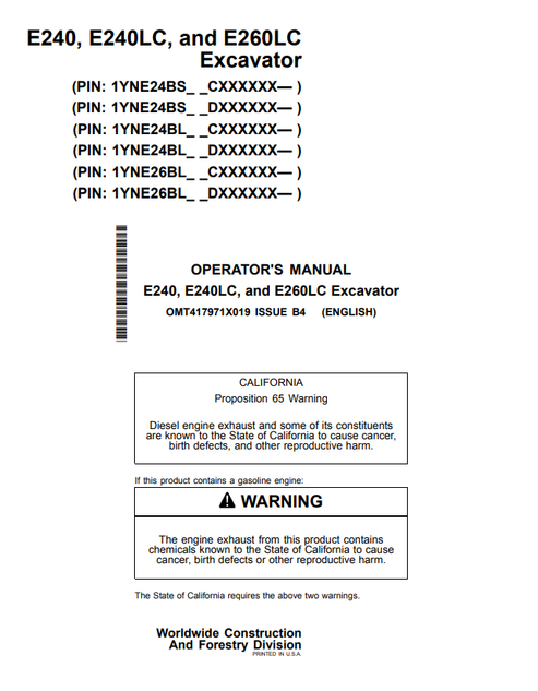 John Deere E240 E240LC E260LC Excavator Operator Manual OMT417971X019