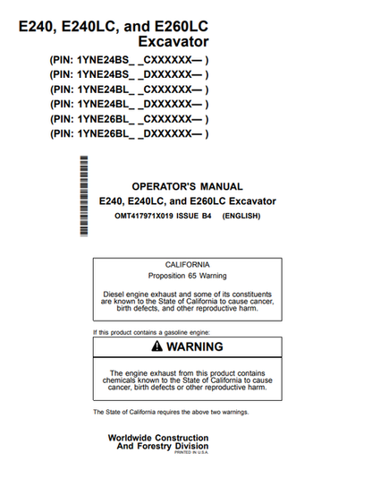 John Deere E240 E240LC E260LC Excavator Operator Manual OMT417971X019