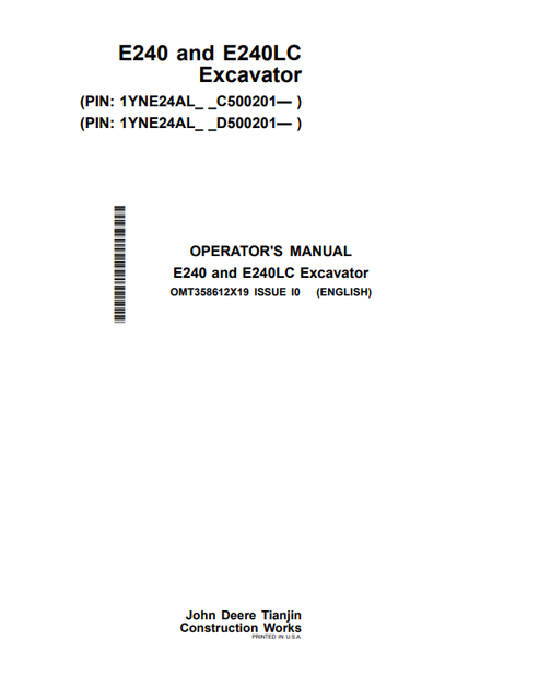 John Deere E240 & E240LC Excavator Operator Manual OMT358612X19