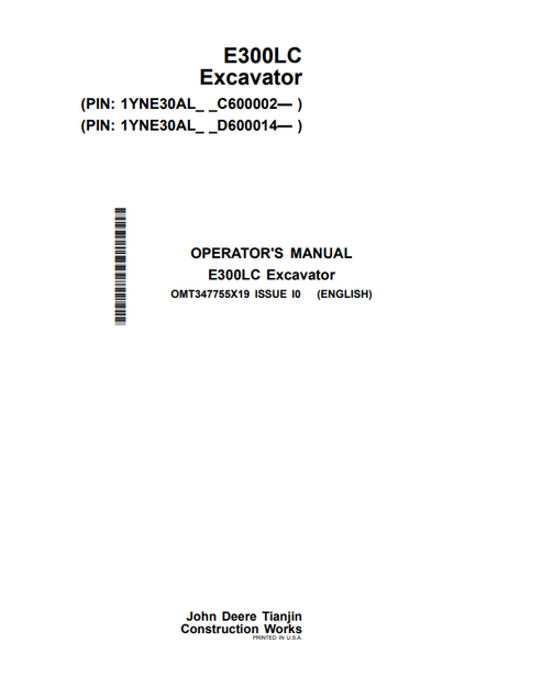 John Deere E300LC Excavator Operator Manual OMT347755X19