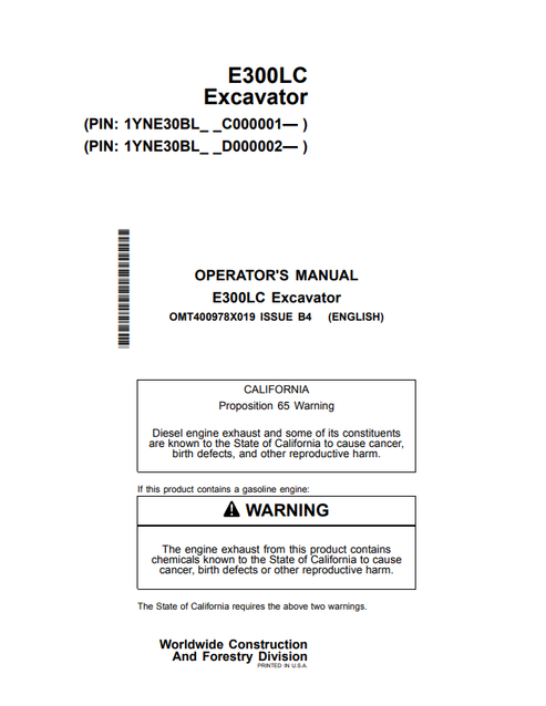 John Deere E300LC Excavator Operator Manual OMT400978X019