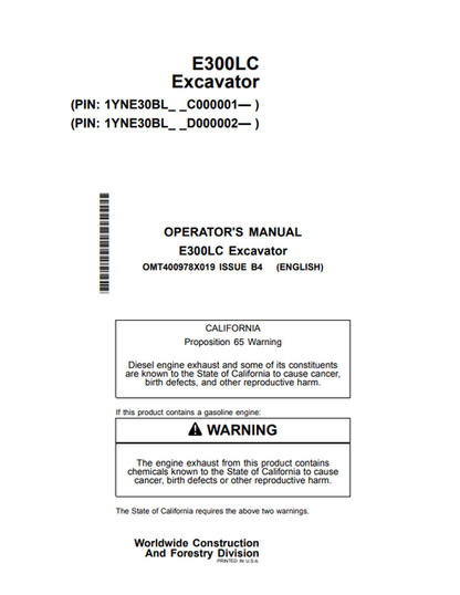 John Deere E300LC Excavator Operator Manual OMT400978X019