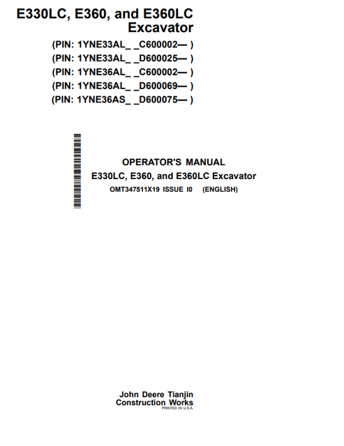 John Deere E330LC E360 E360LC Excavator Operator Manual