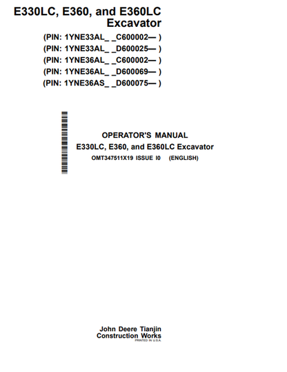 John Deere E330LC E360 E360LC Excavator Operator Manual