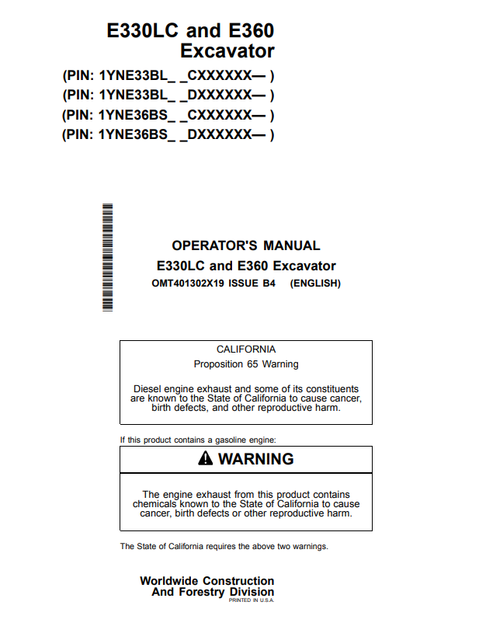 John Deere E330LC E360 Excavator Operator Manual OMT401302X19