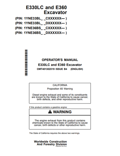 John Deere E330LC E360 Excavator Operator Manual OMT401302X19