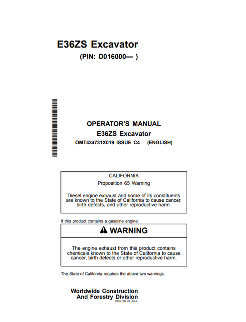John Deere E36ZS Excavator Operator Manual OMT434731X019 PDF