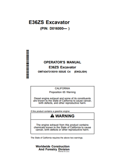 John Deere E36ZS Excavator Operator Manual OMT434731X019 PDF