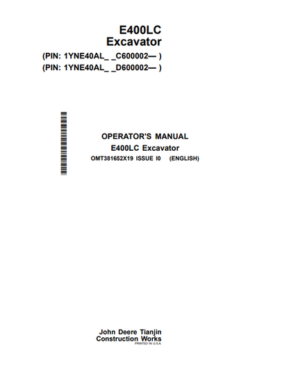 John Deere E400LC Excavator Operator Manual OMT381652X19