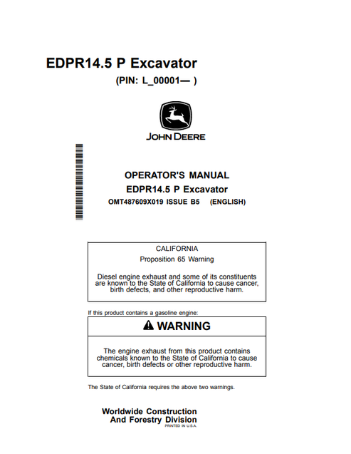 John Deere EDPR14.5 P Excavator Operator Manual OMT487609X019 PDF