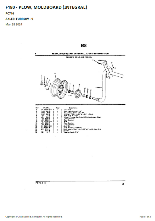 John Deere F180 Integral Moldboard Plow Parts Catalogue Manual