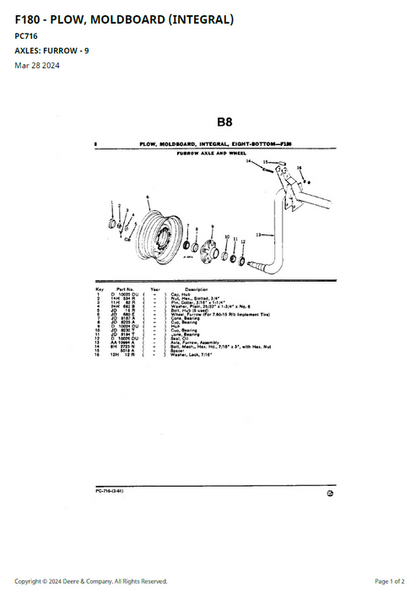 John Deere F180 Integral Moldboard Plow Parts Catalogue Manual