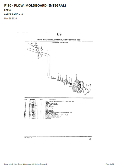 John Deere F180 Moldboard Plow Component & Parts Guide PC716