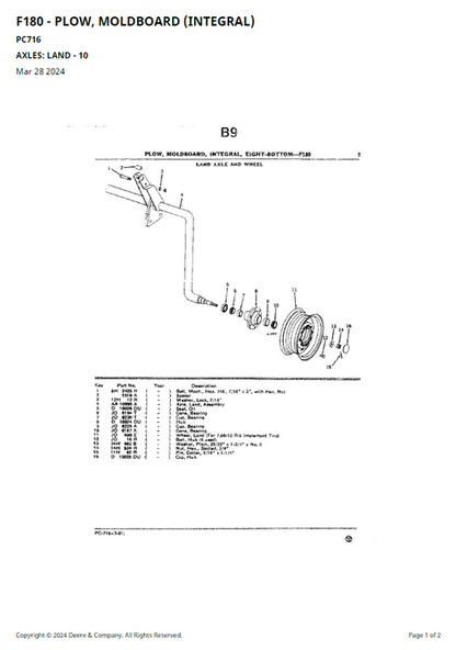 John Deere F180 Moldboard Plow Component & Parts Guide PC716