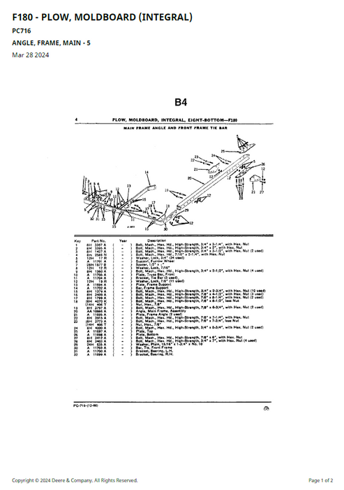 John Deere F180 Moldboard Plow Parts Manual PC716