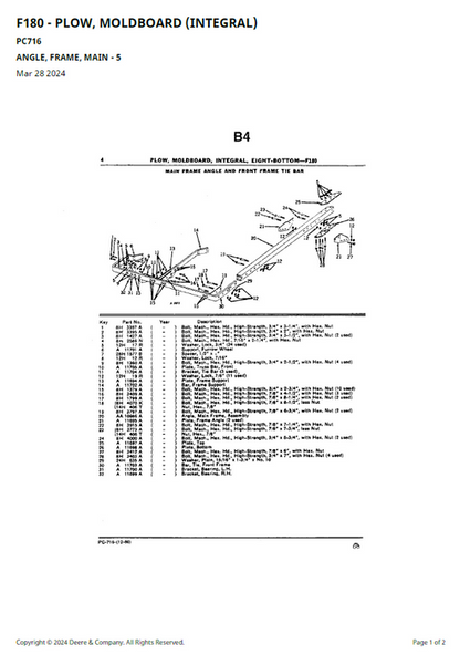John Deere F180 Moldboard Plow Parts Manual PC716