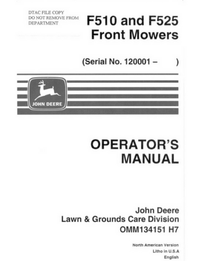 John Deere F510 F525 Front Mower Operator Manual OMM134151 PDF