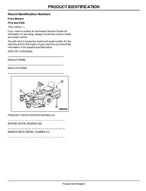 John Deere F510 F525 Front Mower User & Service Manual OMM144025