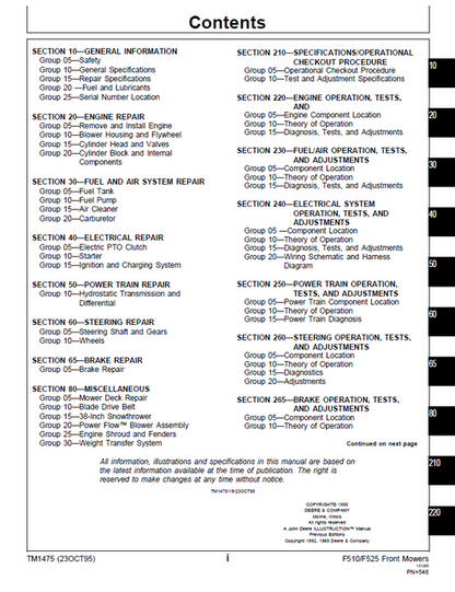 John Deere F510 F525 Residential Mower Workshop Manual TM1475