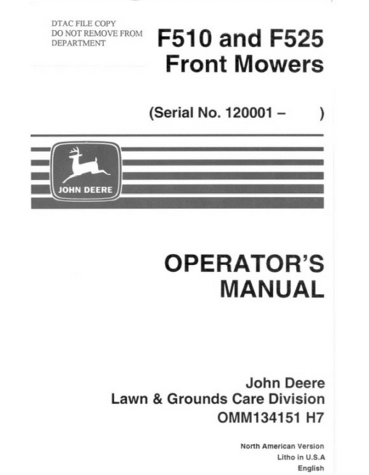 John Deere F510 and F525 Front Mowers Operator Manual OMM134151 PDF