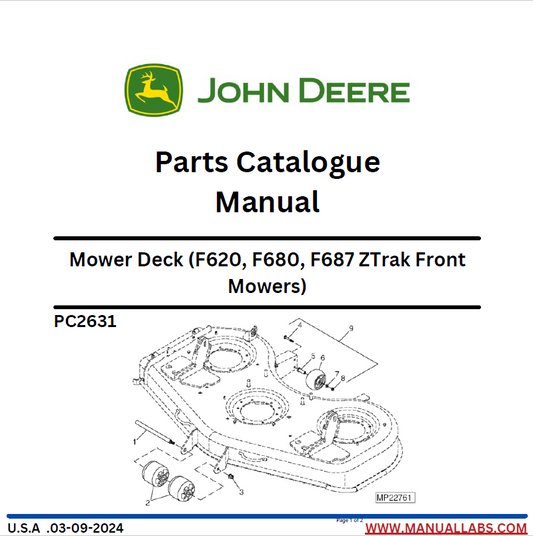 John Deere F620, F680, F687 F620, F680, F687 ZTrak Front Mower Deck Parts Catalogue Manual PC2631 PDF