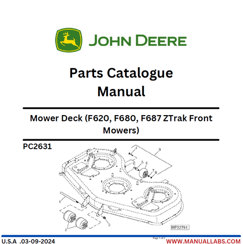 John Deere F620 F680 F687 ZTRAK Front Mower Parts Catalogue PC2631