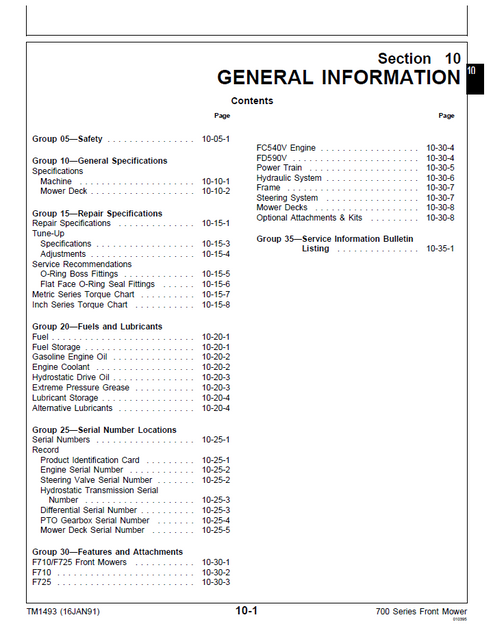 John Deere F710 F725 Front Mower Maintenance Manual TM1493
