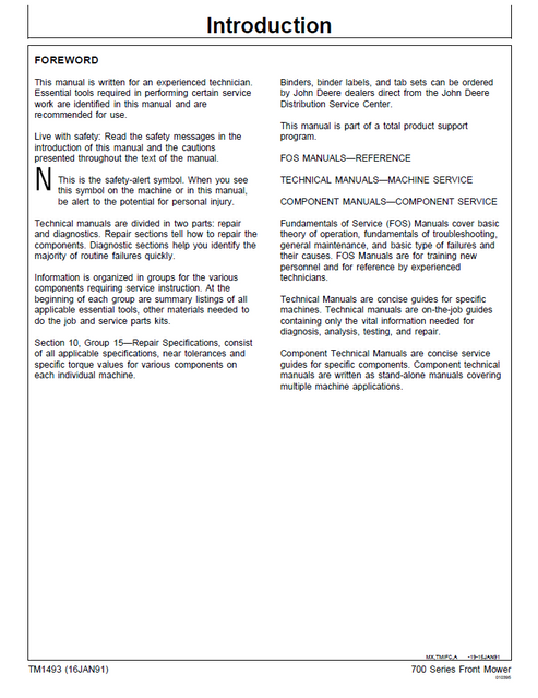 John Deere F710 F725 Front Mower Service & Repair Manual