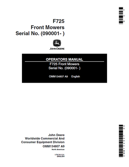 John Deere F725 Front Mower Operator Manual OMM134807 PDF