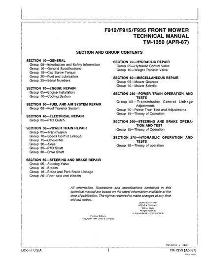 John Deere F911-F935 Front Mower Service & Repair Manual TM1350