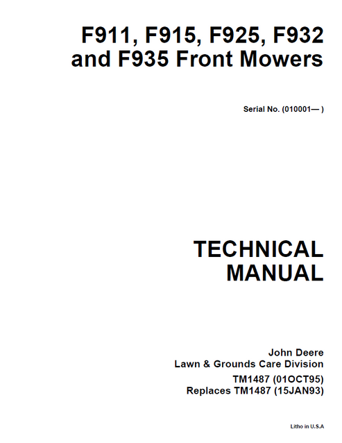 John Deere F911 F915 F925 F932 F935 Front Mower Technical Manual TM1487