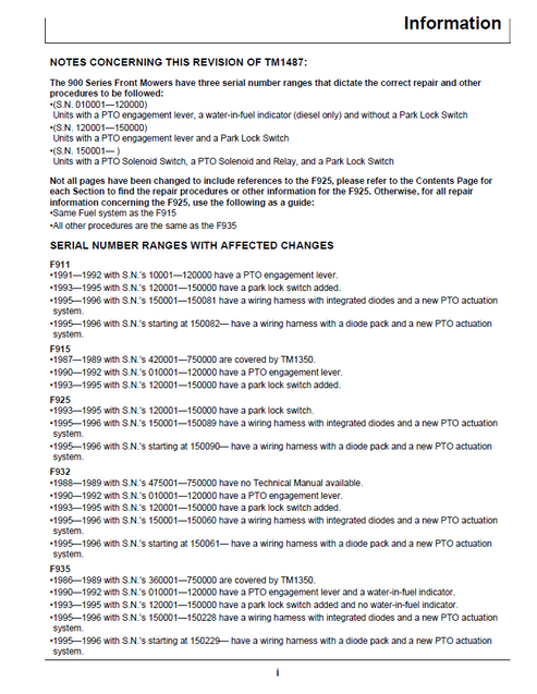 John Deere F911 F915 F925 F932 F935 Mower Workshop Manual TM1487
