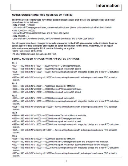 John Deere F911 F915 F925 F932 F935 Mower Workshop Manual TM1487
