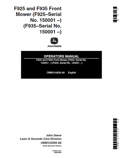 John Deere F925 F935 Front Mower Operator Manual OMM124509