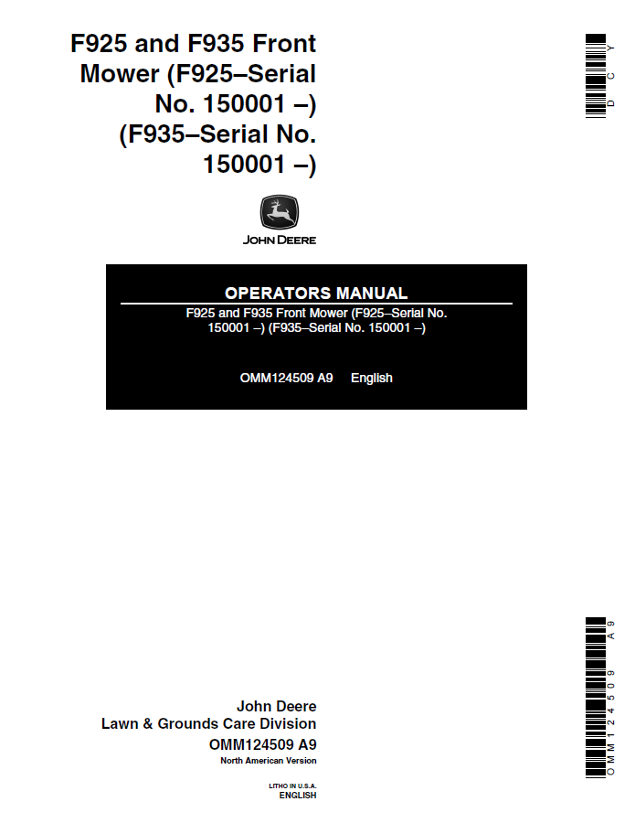 John Deere F925 and F935 Front Mower Operator Manual OMM124509 PDF