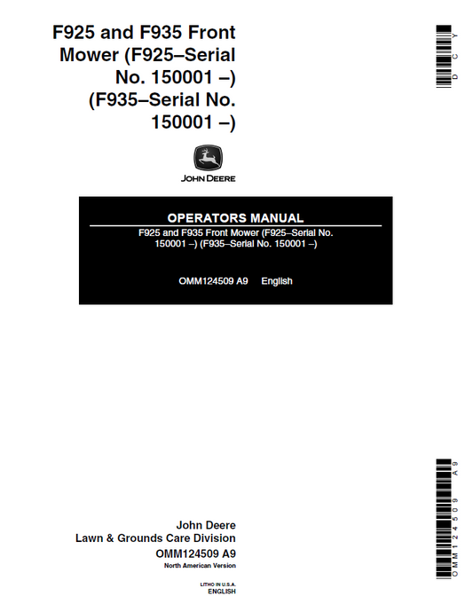 John Deere F925 and F935 Front Mower Operator Manual OMM124509 PDF