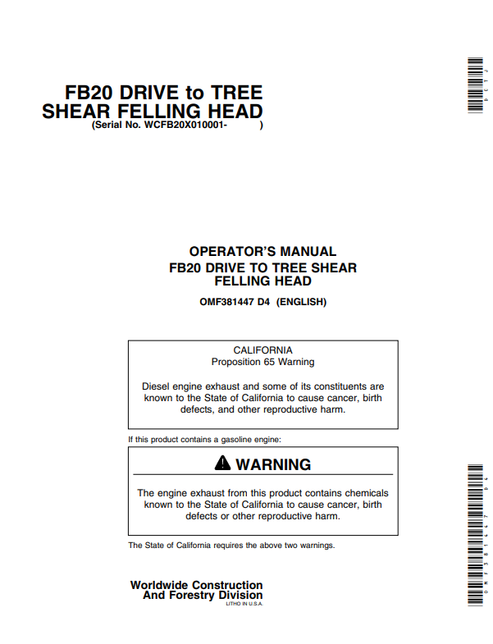 John Deere FB20 Drive Totree Shear Felling Head Operator Manual OMF381447