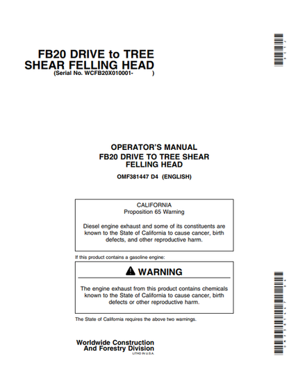 John Deere FB20 Drive Totree Shear Felling Head Operator Manual OMF381447
