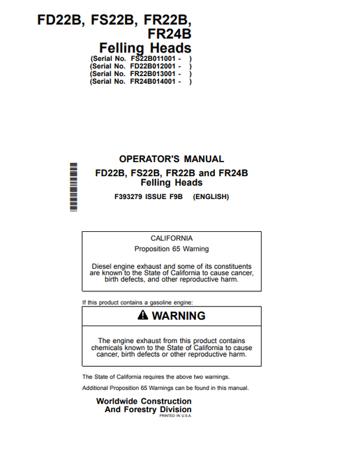 John Deere FD22B FS22B FR22B FR24B Felling Head Operator Manual F393279